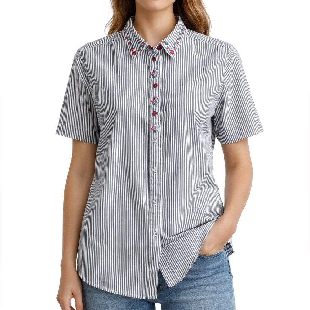 TanJay Blue Striped Floral Embroidered Button Down Shirt Short Sleeve Size 12